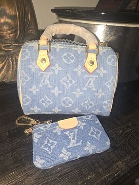 Cotton Jean Blue Denim Monogram Mini Bag w/ Coin Pouch Combo